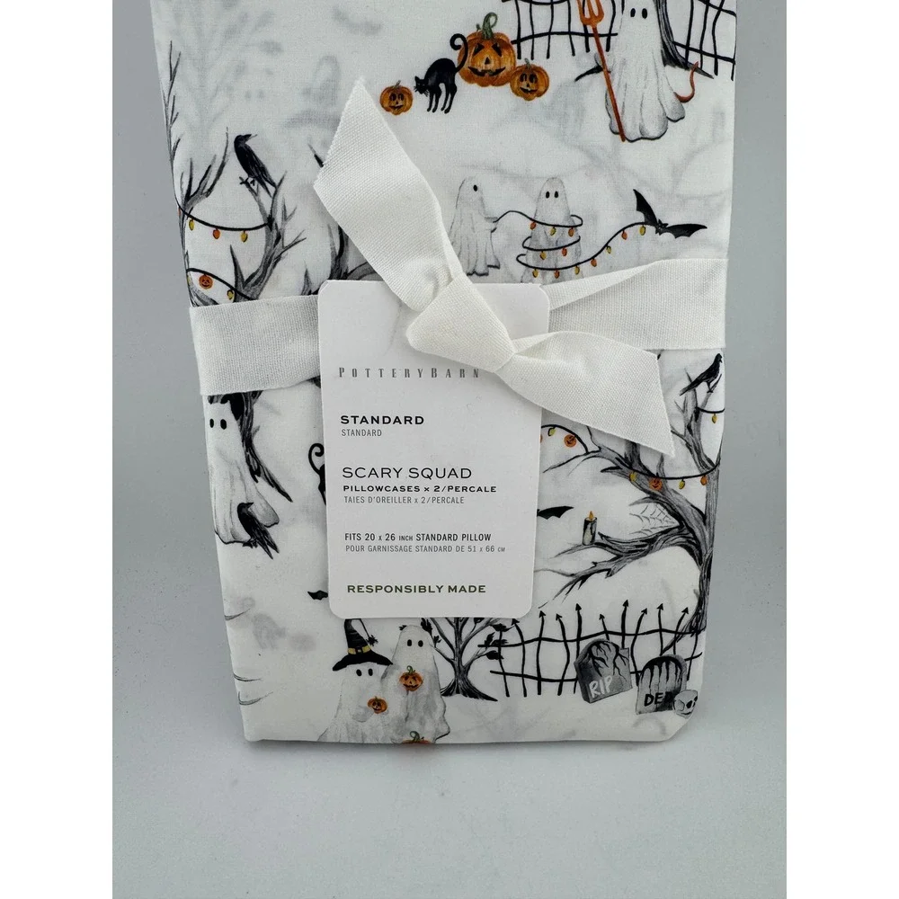 Pottery‎ Barn Scary Squad Pillowcase Set Standard White Halloween NWT (1944)